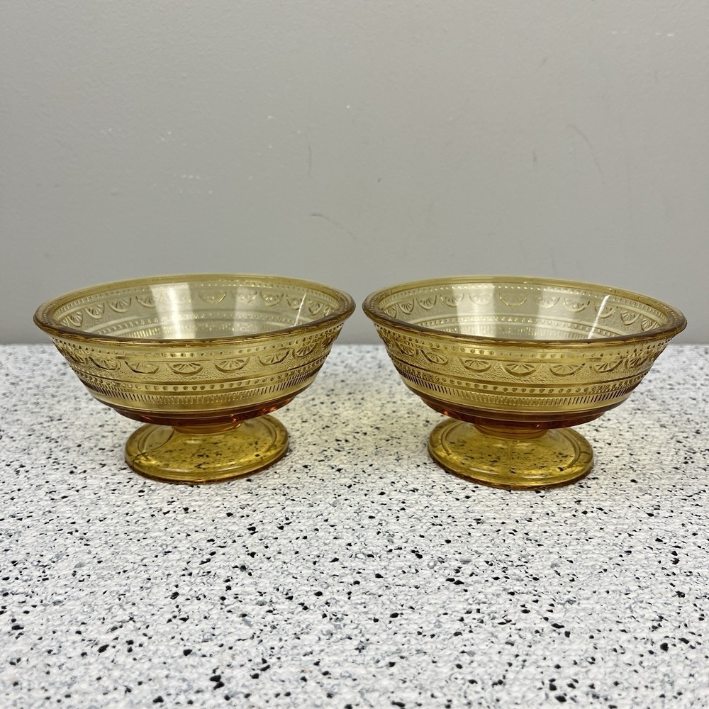 Vintage Amber Pressed Glass Pedestal Sherbet Dessert Dishes Retro Set of 2